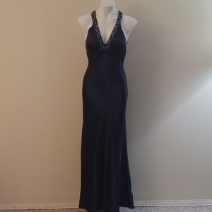 Navy blue prom dress with bust beading